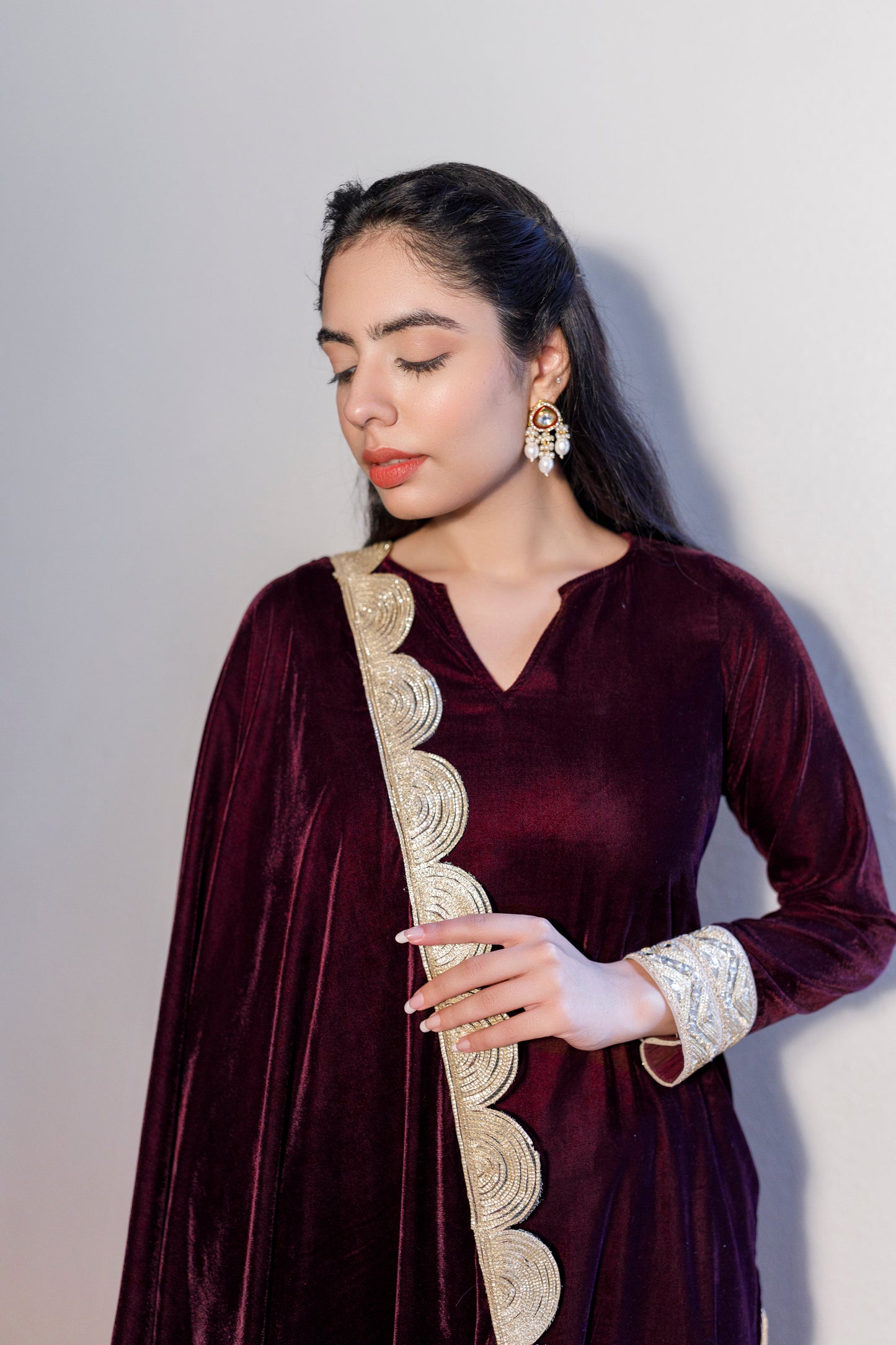 Ashni wine velvet suit with velvet shawl