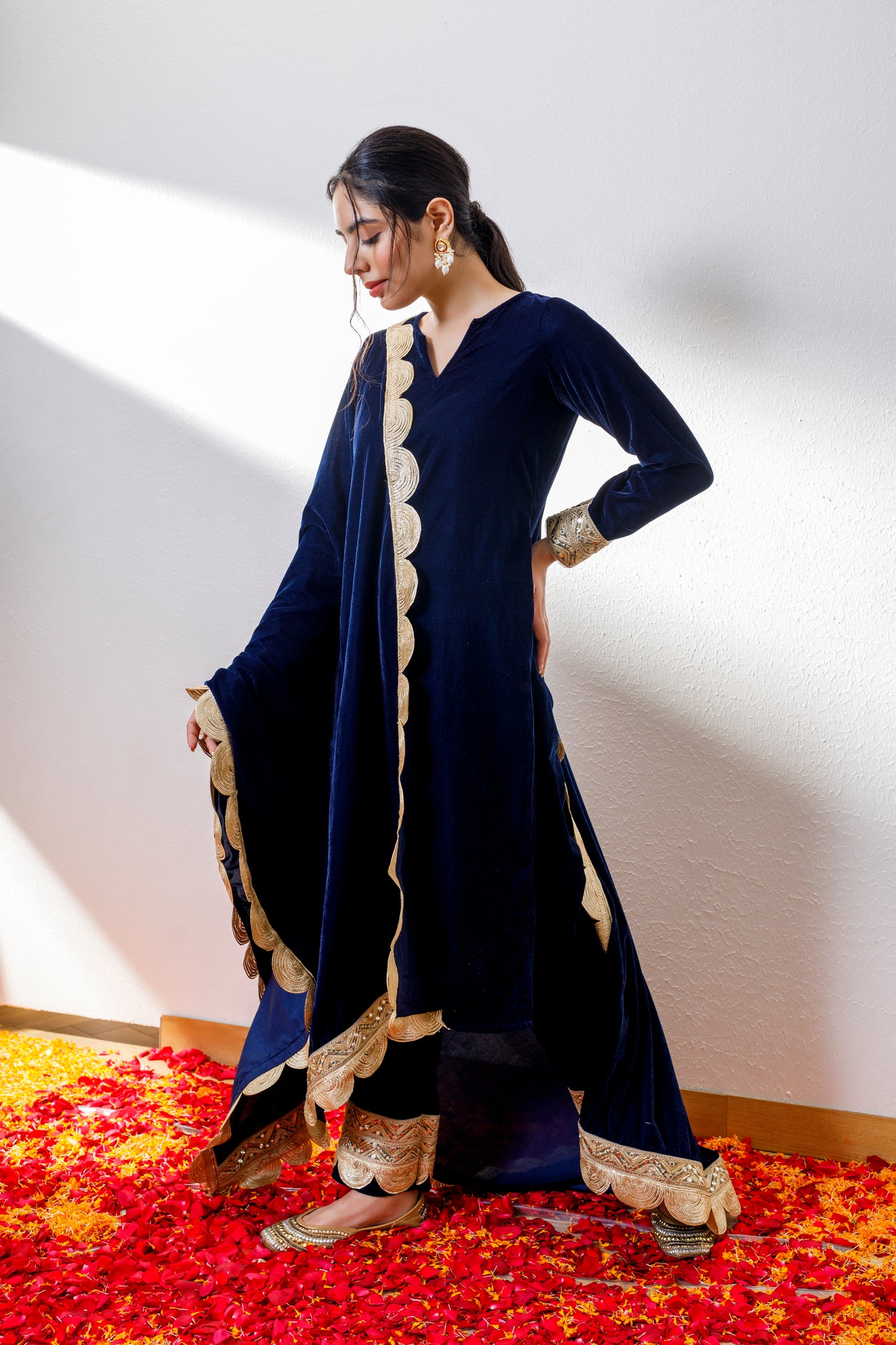 Ashni navy blue velvet suit with velvet shawl