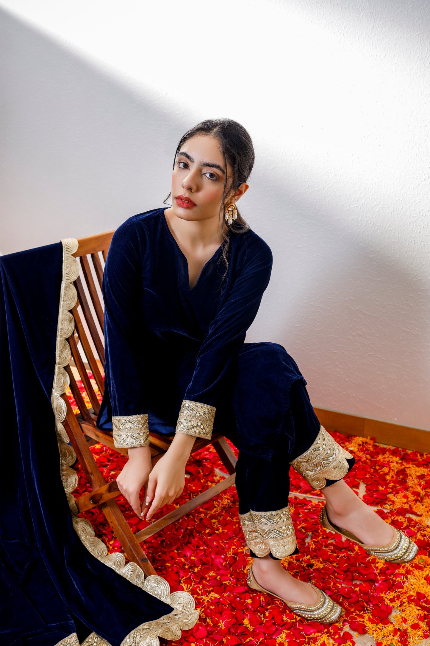 Ashni navy blue velvet suit with velvet shawl