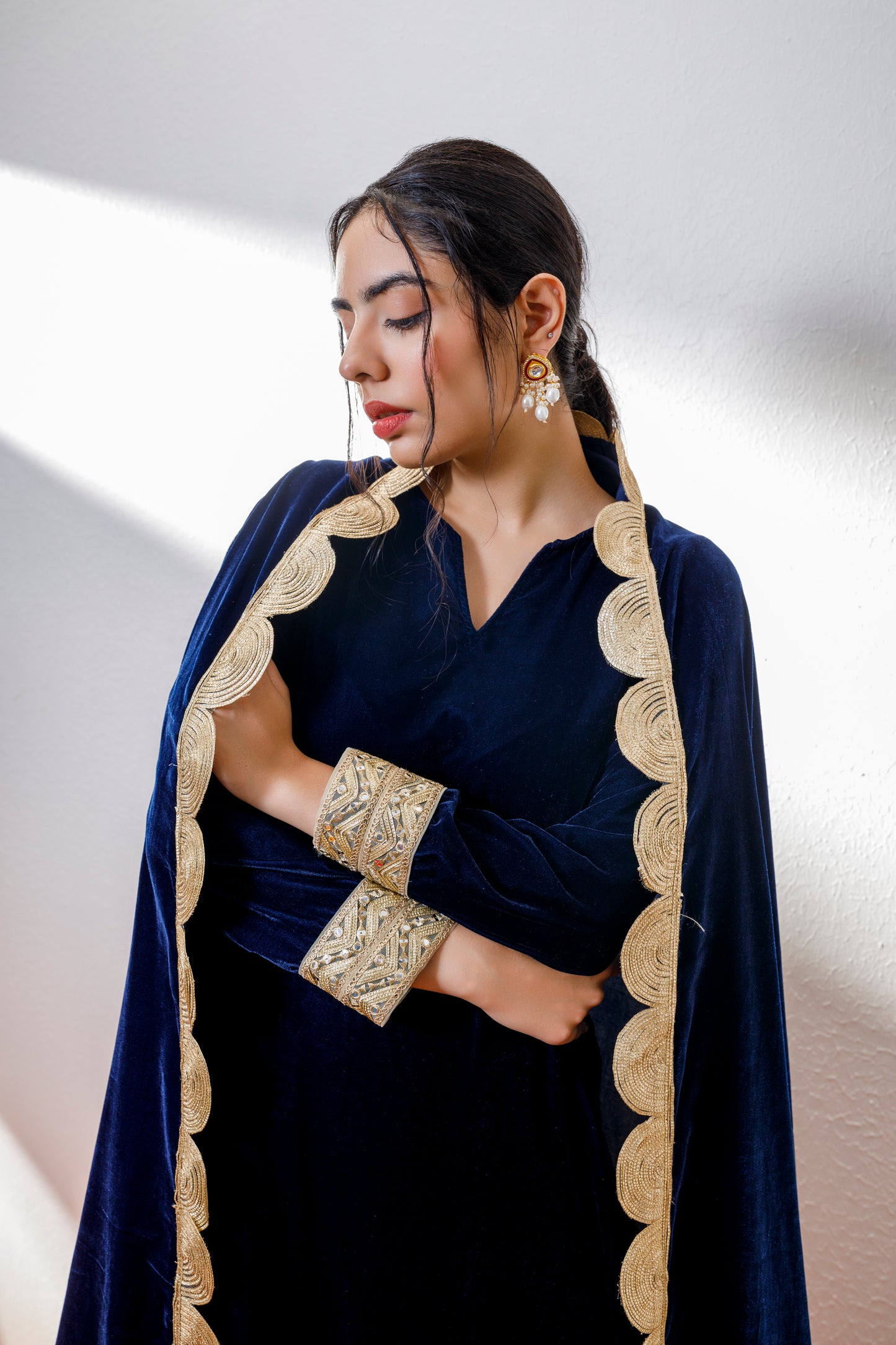 Ashni navy blue velvet suit with velvet shawl