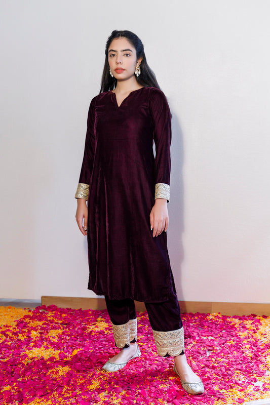 Wine velvet kurta with palazzo ( set of 2)
