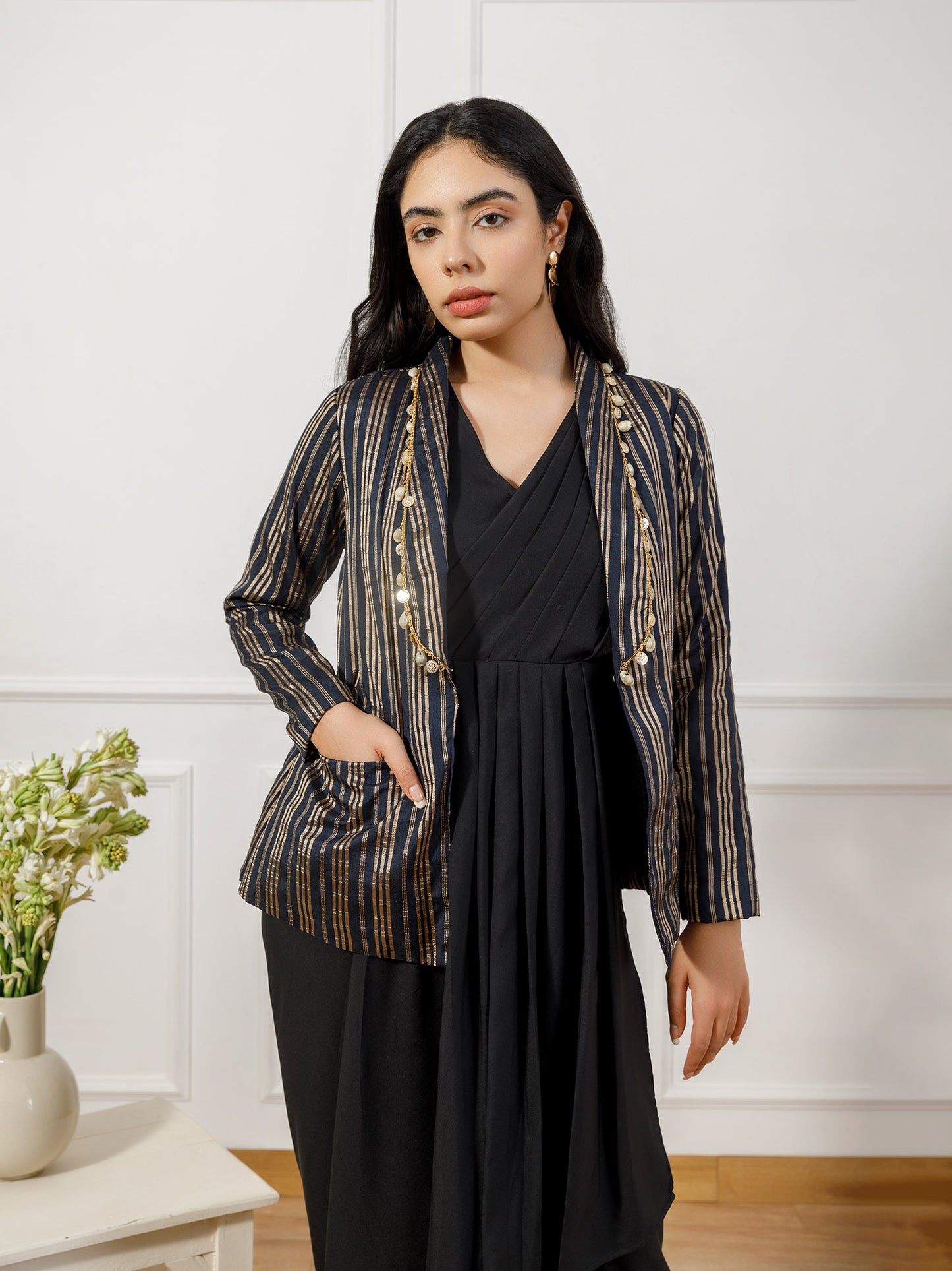 Black drape gown with brocade coat
