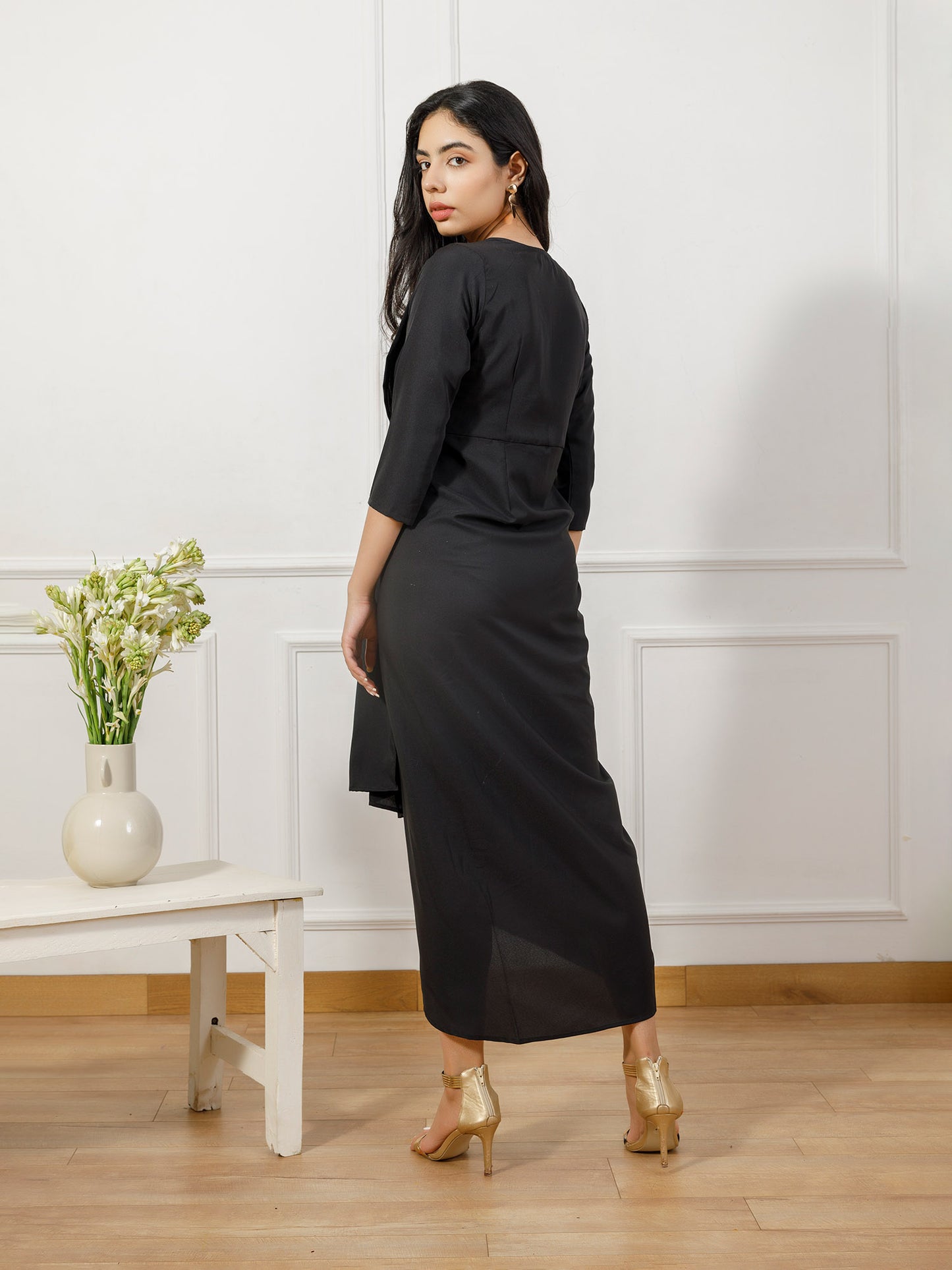 Black drape gown with brocade coat