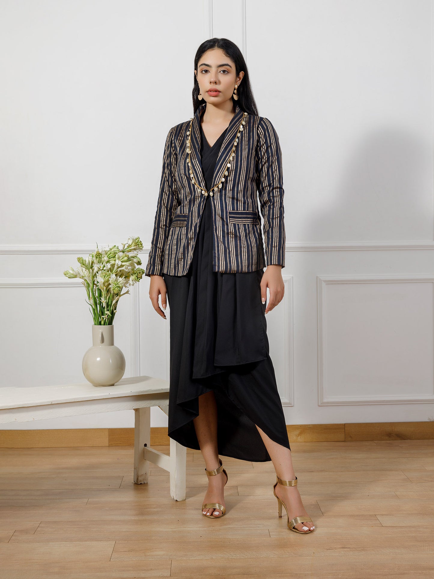 Black drape gown with brocade coat