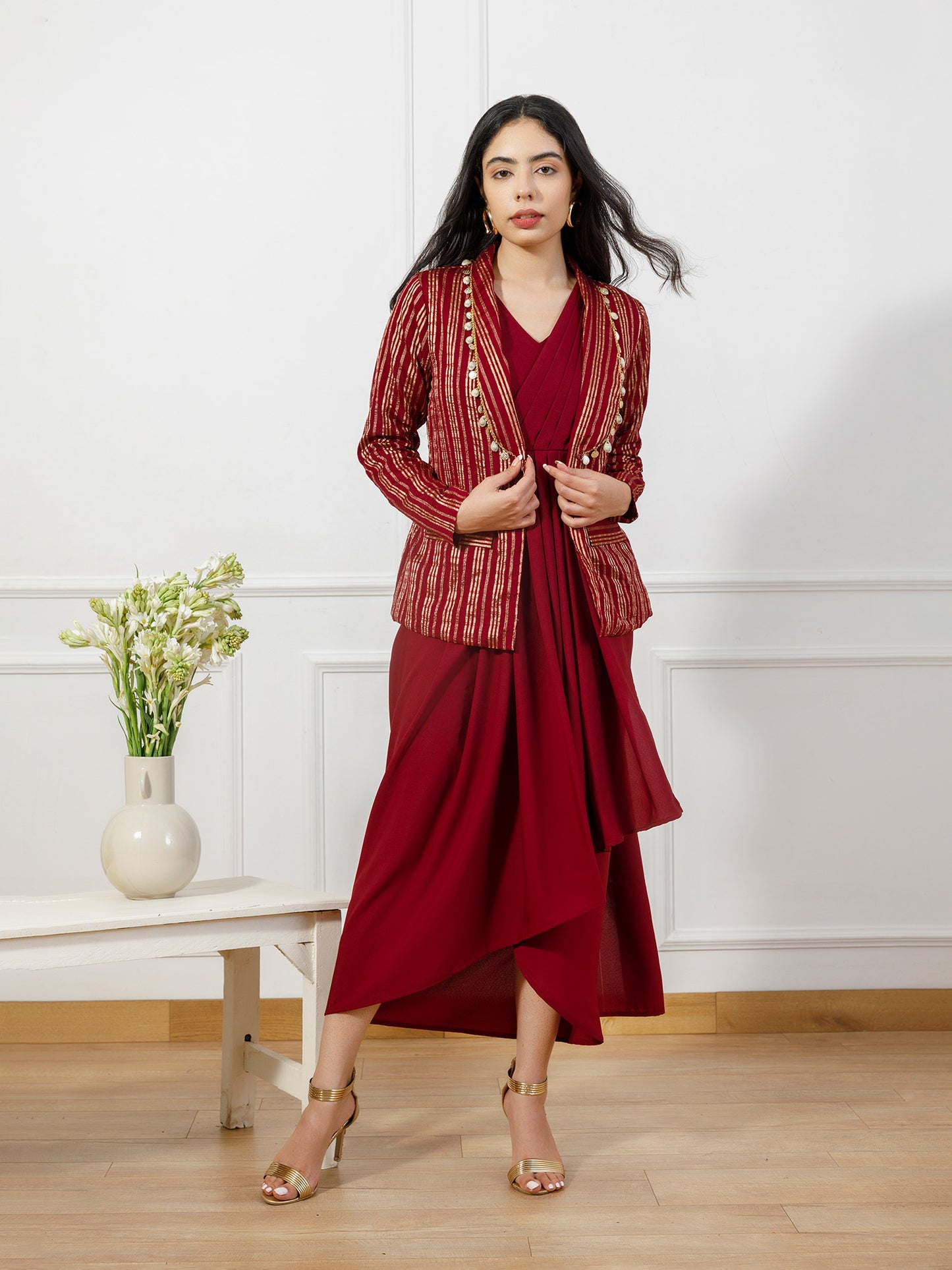 Maroon drape gown with brocade coat