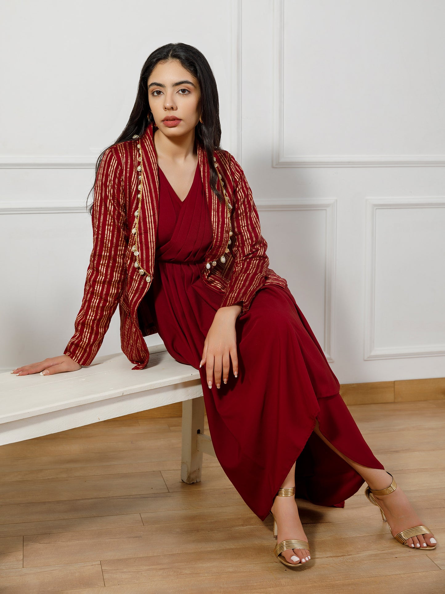 Maroon drape gown with brocade coat