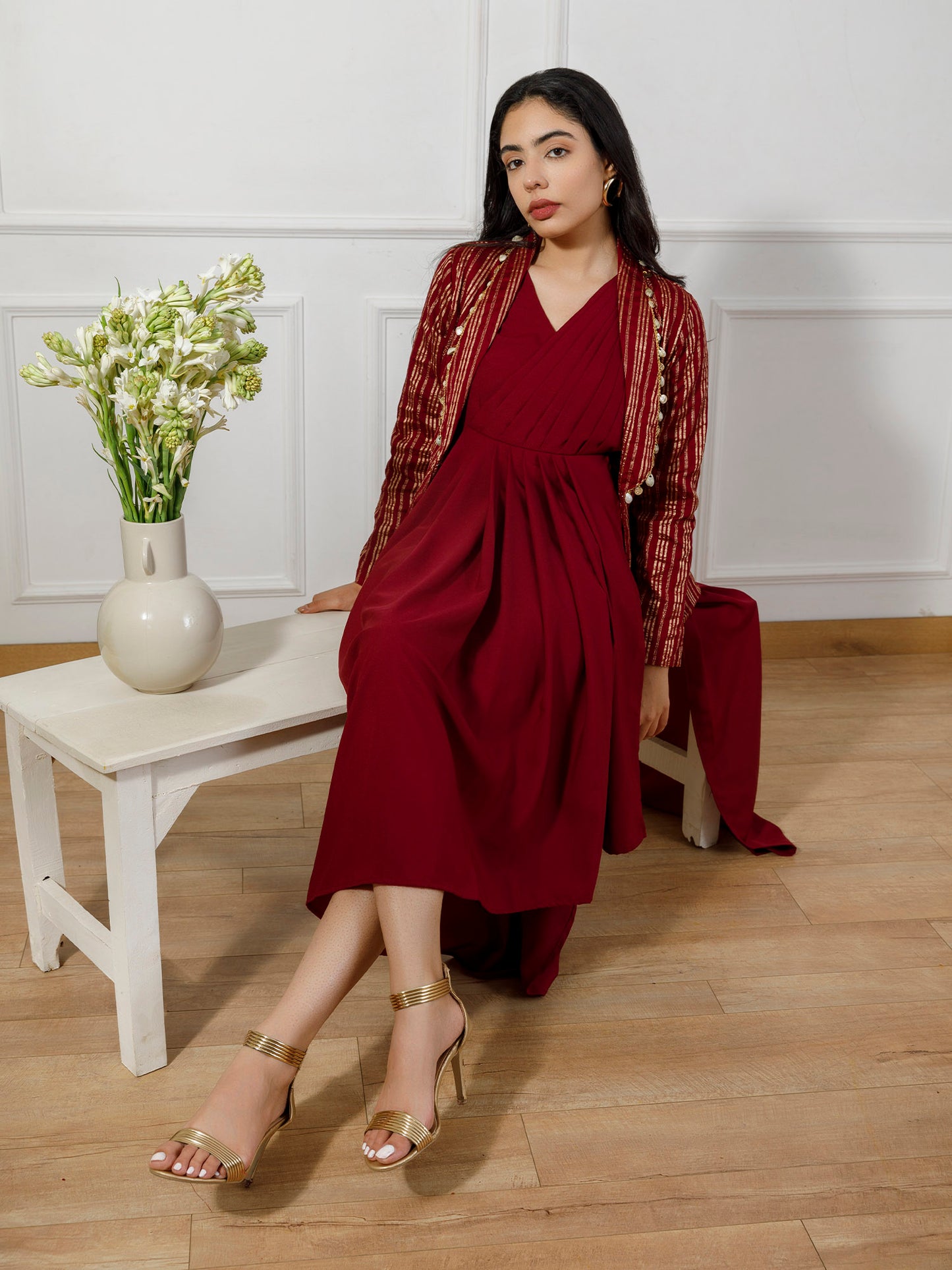 Maroon drape gown with brocade coat