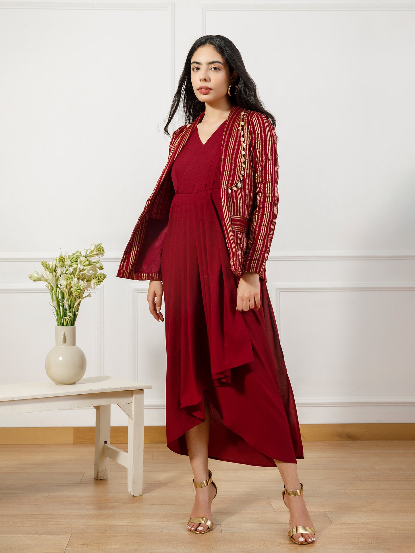 Maroon drape gown with brocade coat