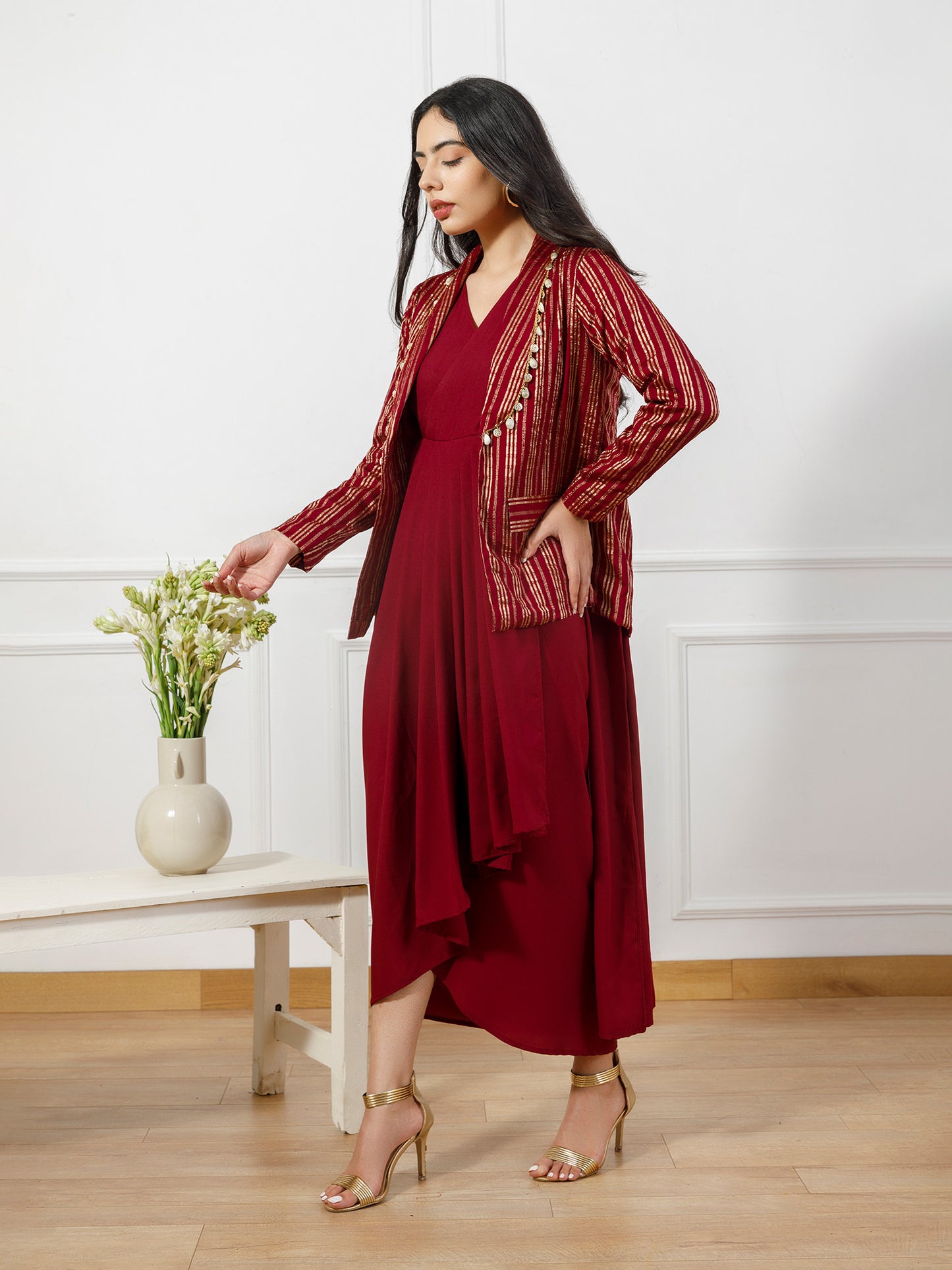 Maroon drape gown with brocade coat