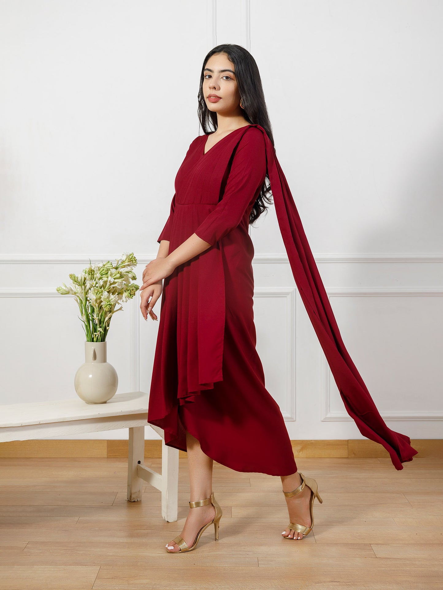 Maroon drape gown with brocade coat