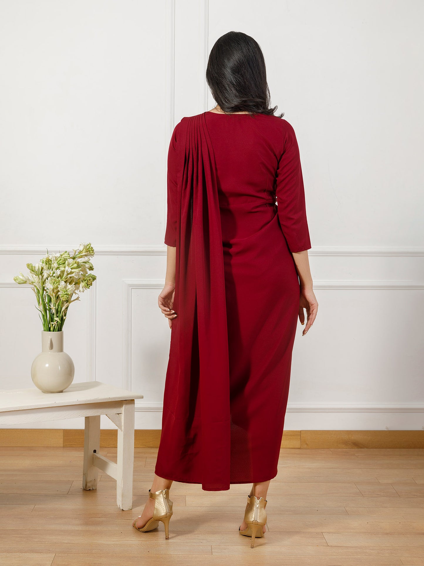 Maroon drape gown with brocade coat