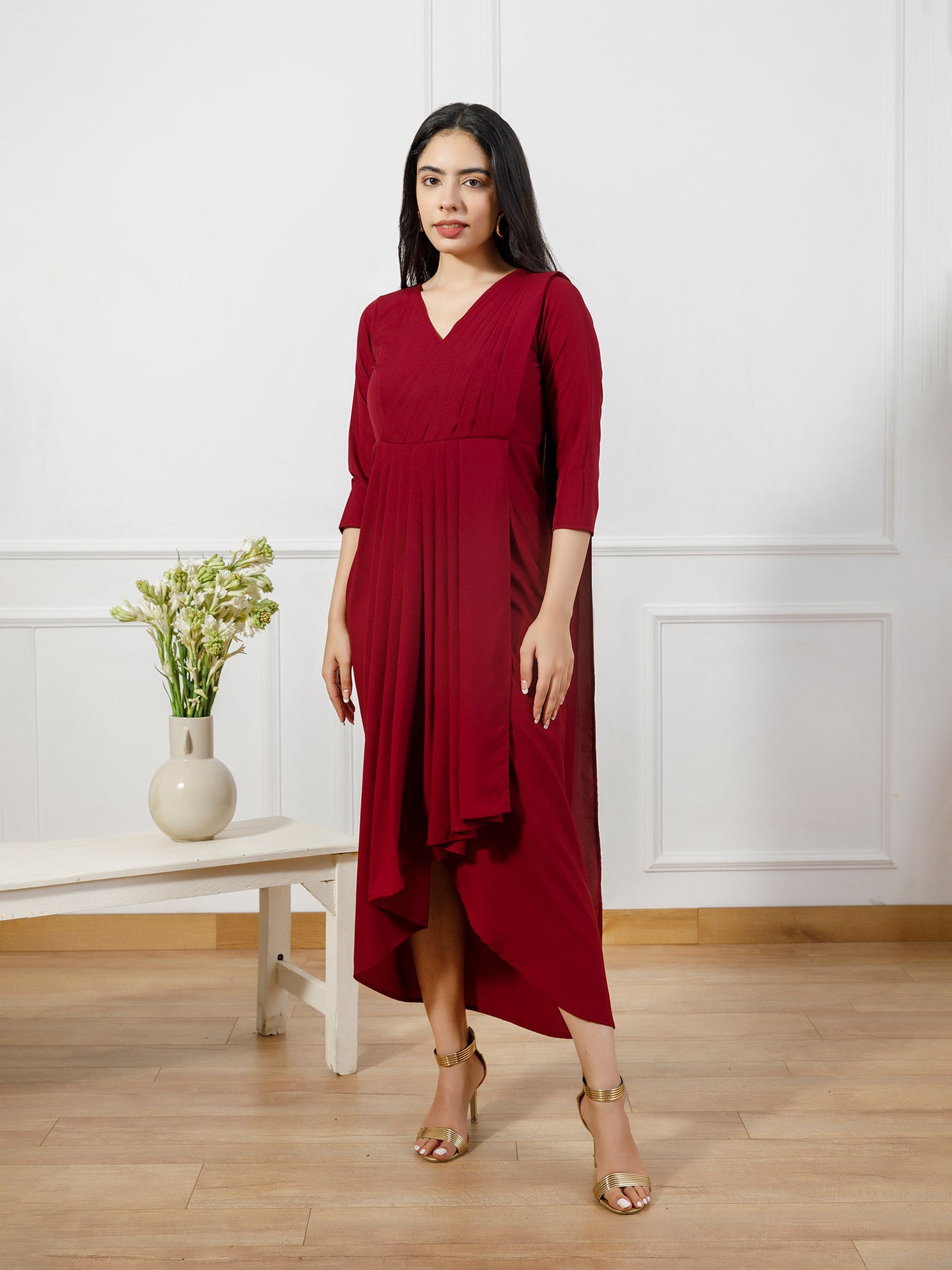 Maroon drape gown with brocade coat