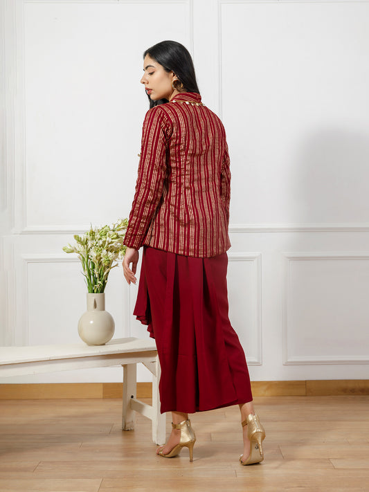 Maroon drape gown with brocade coat
