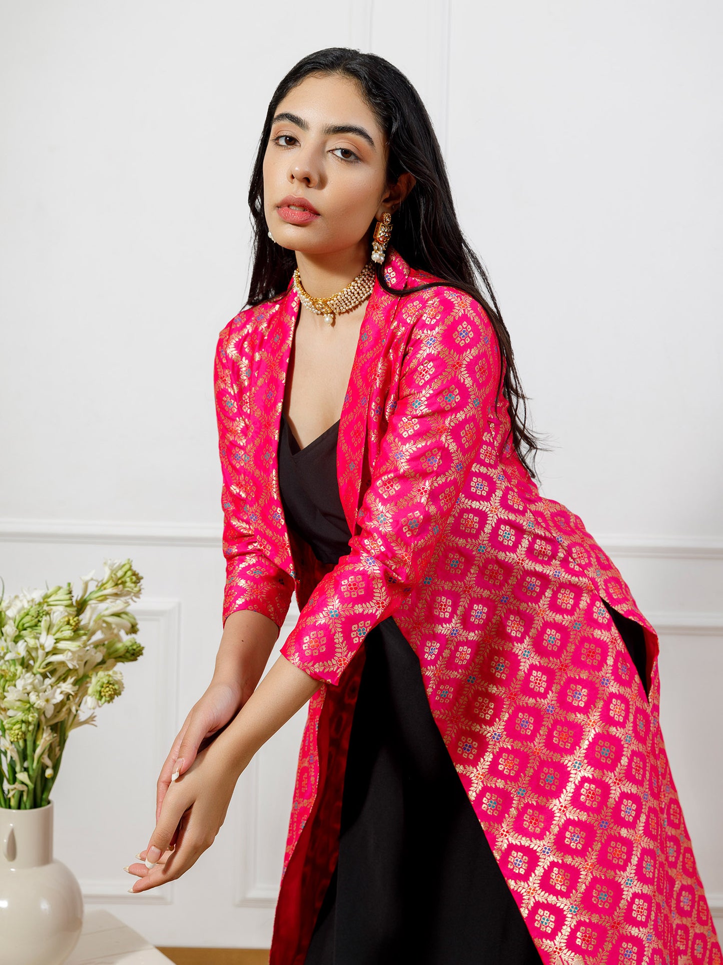 Fiona rani pink brocade long shrug