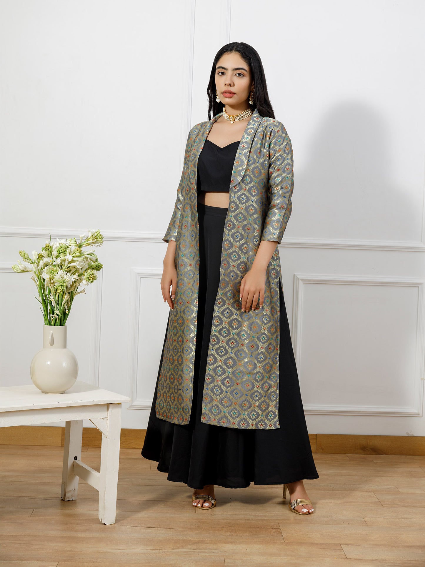 Fiona grey brocade long shrug