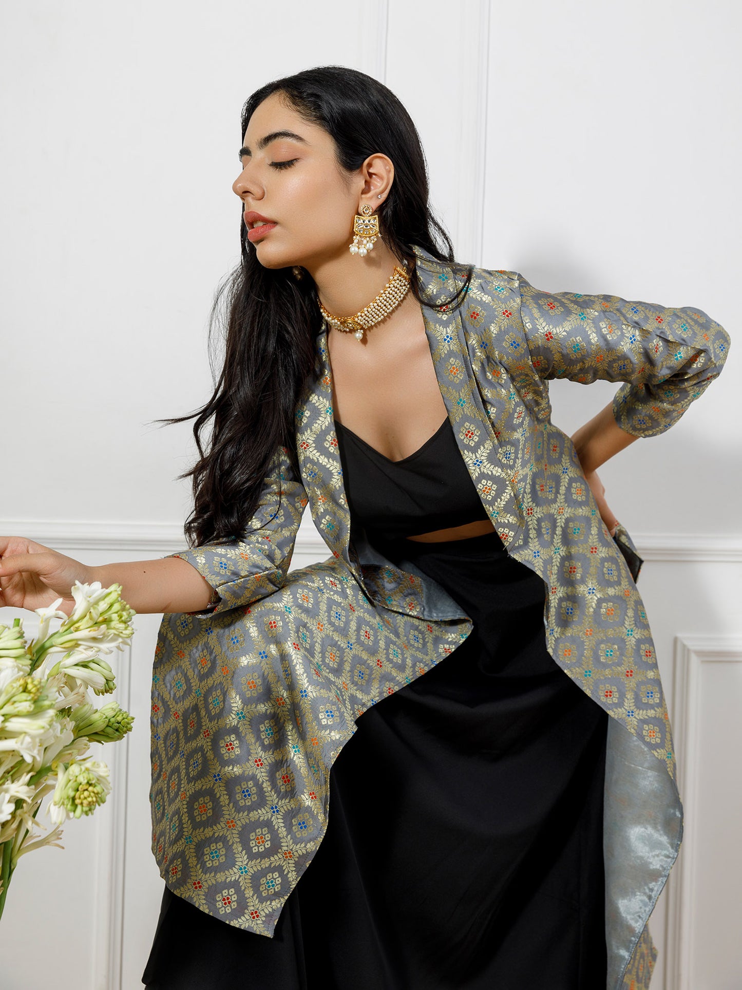 Fiona grey brocade long shrug