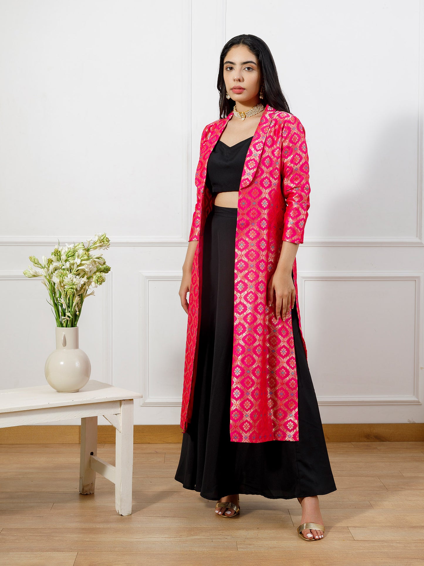 Preet Black choli skirt set with rani pink brocade jacket(set of 3)