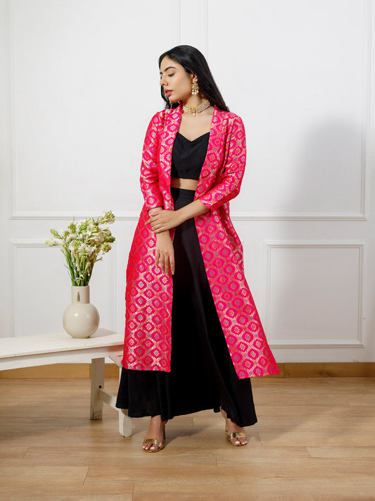 Preet Black choli skirt set with rani pink brocade jacket(set of 3)