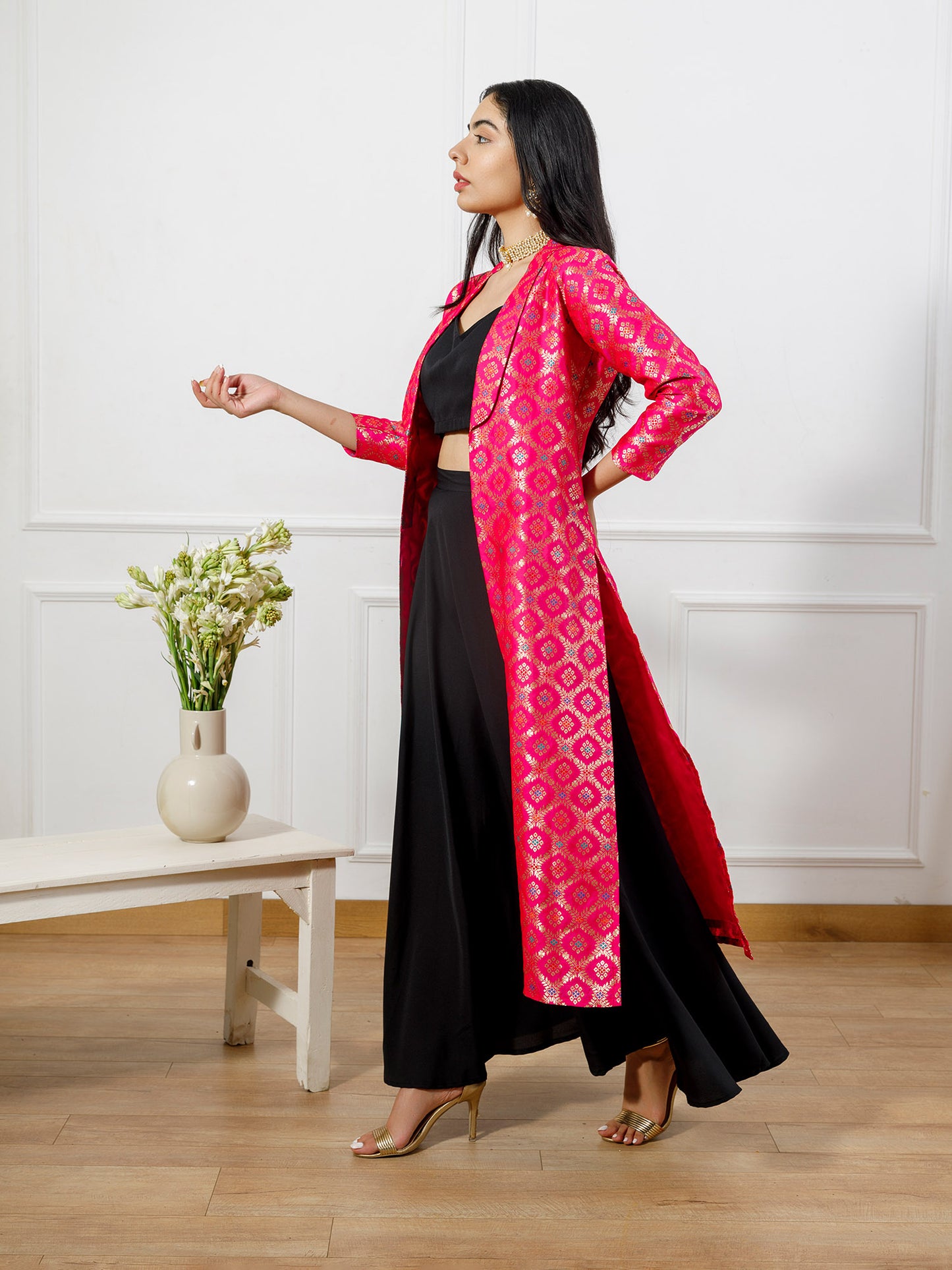 Preet Black choli skirt set with rani pink brocade jacket(set of 3)