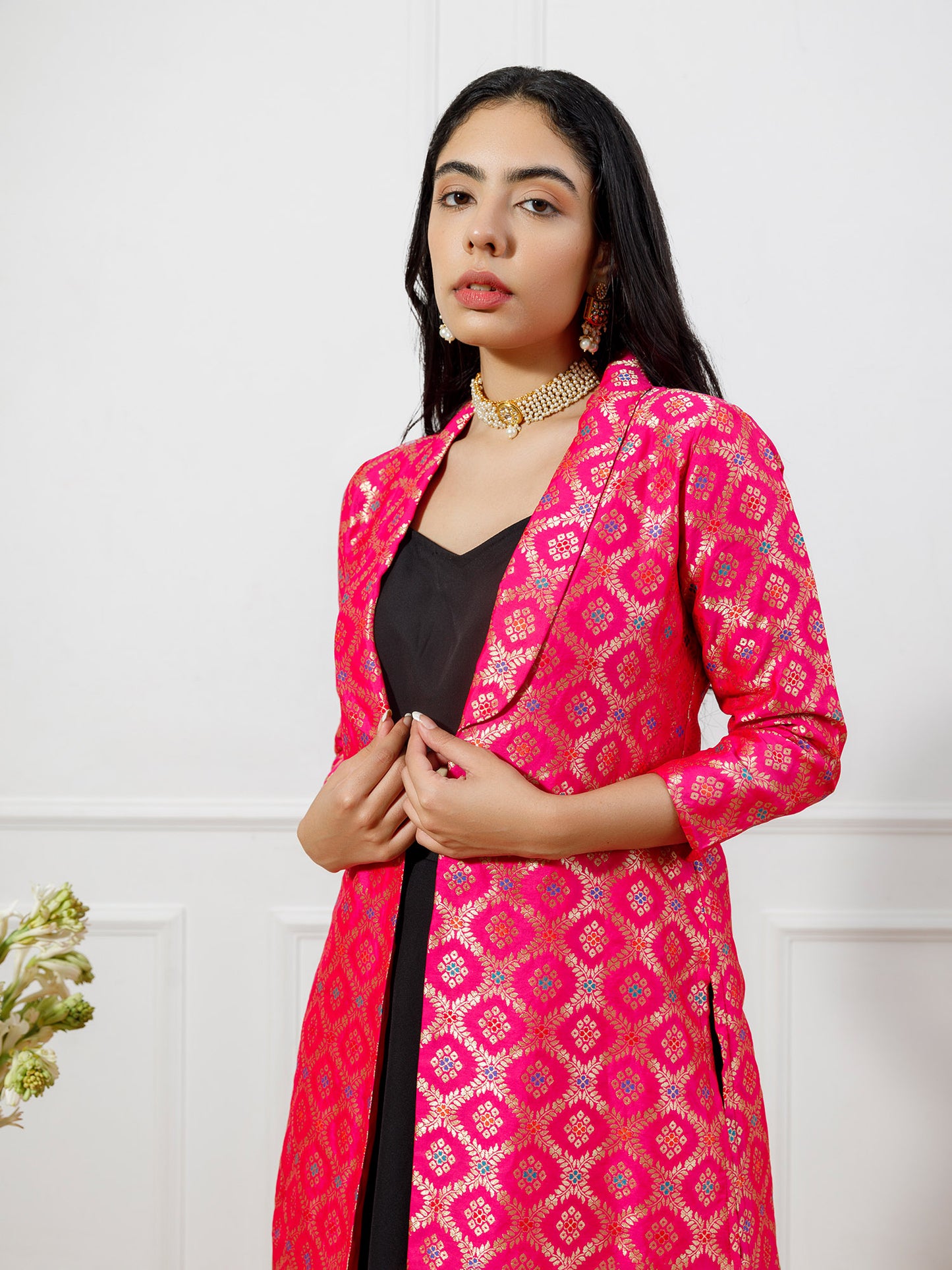 Preet Black choli skirt set with rani pink brocade jacket(set of 3)