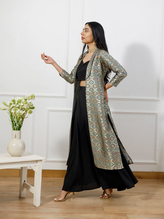 Preet Black choli skirt set with grey brocade jacket(set of 3)