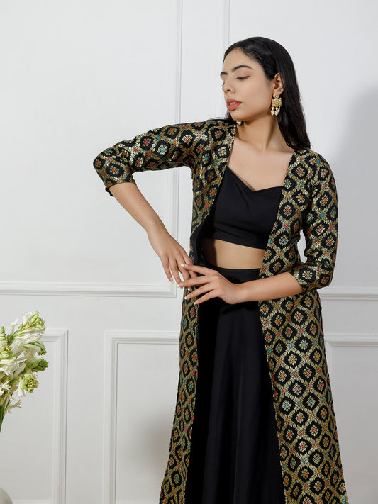 Preet Black choli skirt set with black brocade jacket(set of 3)
