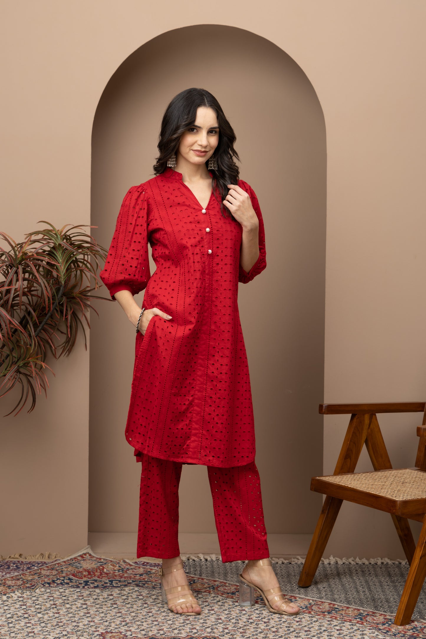 Deep Red Cotton Schiffli Kurta and Pants Co-ords Set (Set of 2)