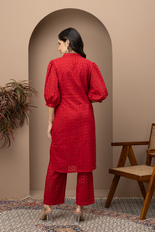 Deep Red Cotton Schiffli Kurta and Pants Co-ords Set (Set of 2)