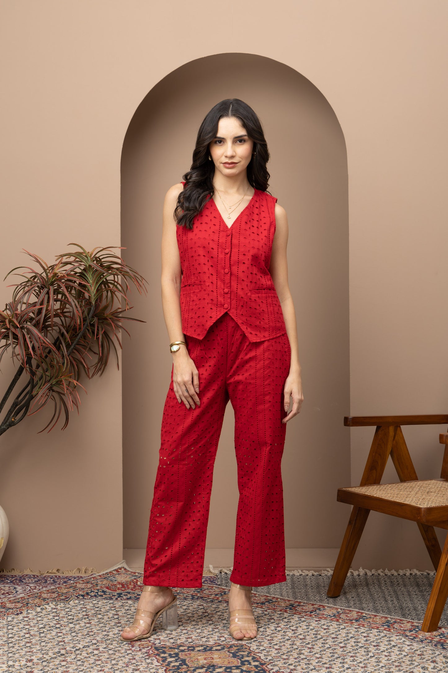 Deep Red Schiffli Embroidered Waistcoat and Pants Co-ords Set (Set of 2)