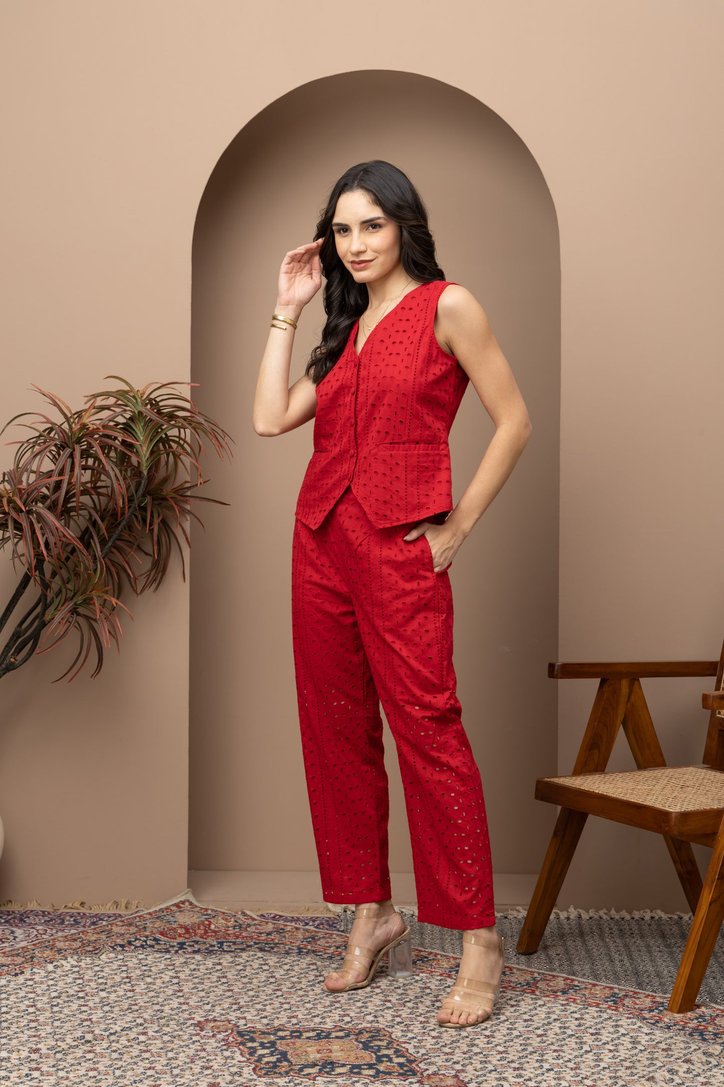 Deep Red Schiffli Embroidered Waistcoat and Pants Co-ords Set (Set of 2)