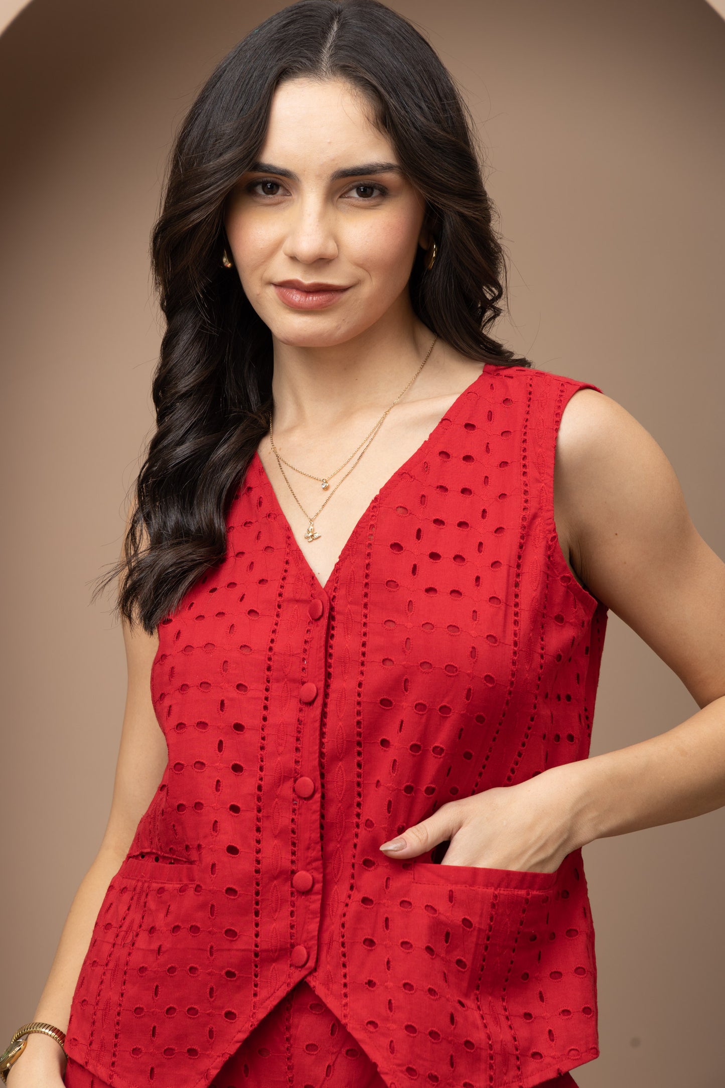 Deep Red Schiffli Embroidered Waistcoat and Pants Co-ords Set (Set of 2)