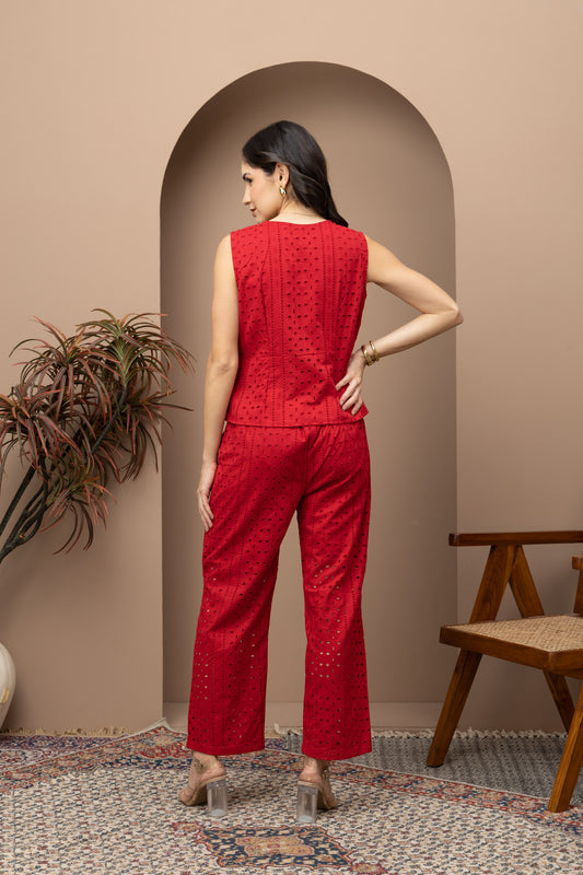 Deep Red Schiffli Embroidered Waistcoat and Pants Co-ords Set (Set of 2)