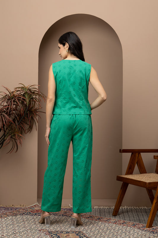 Green Schiffli Embroidered Waistcoat and Pants Co-ords Set (Set of 2)
