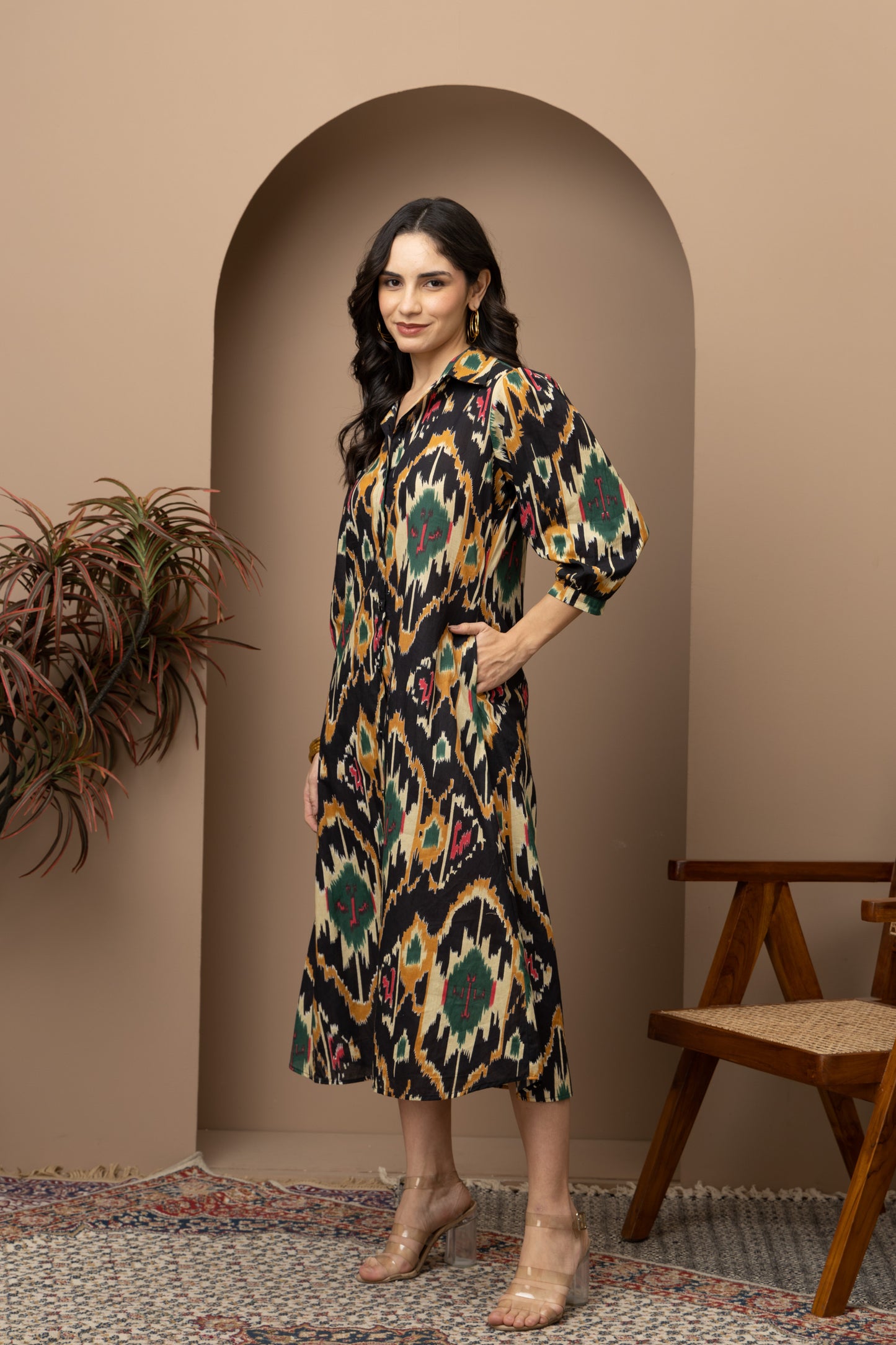 Black Ikkat Printed Shirt Dress