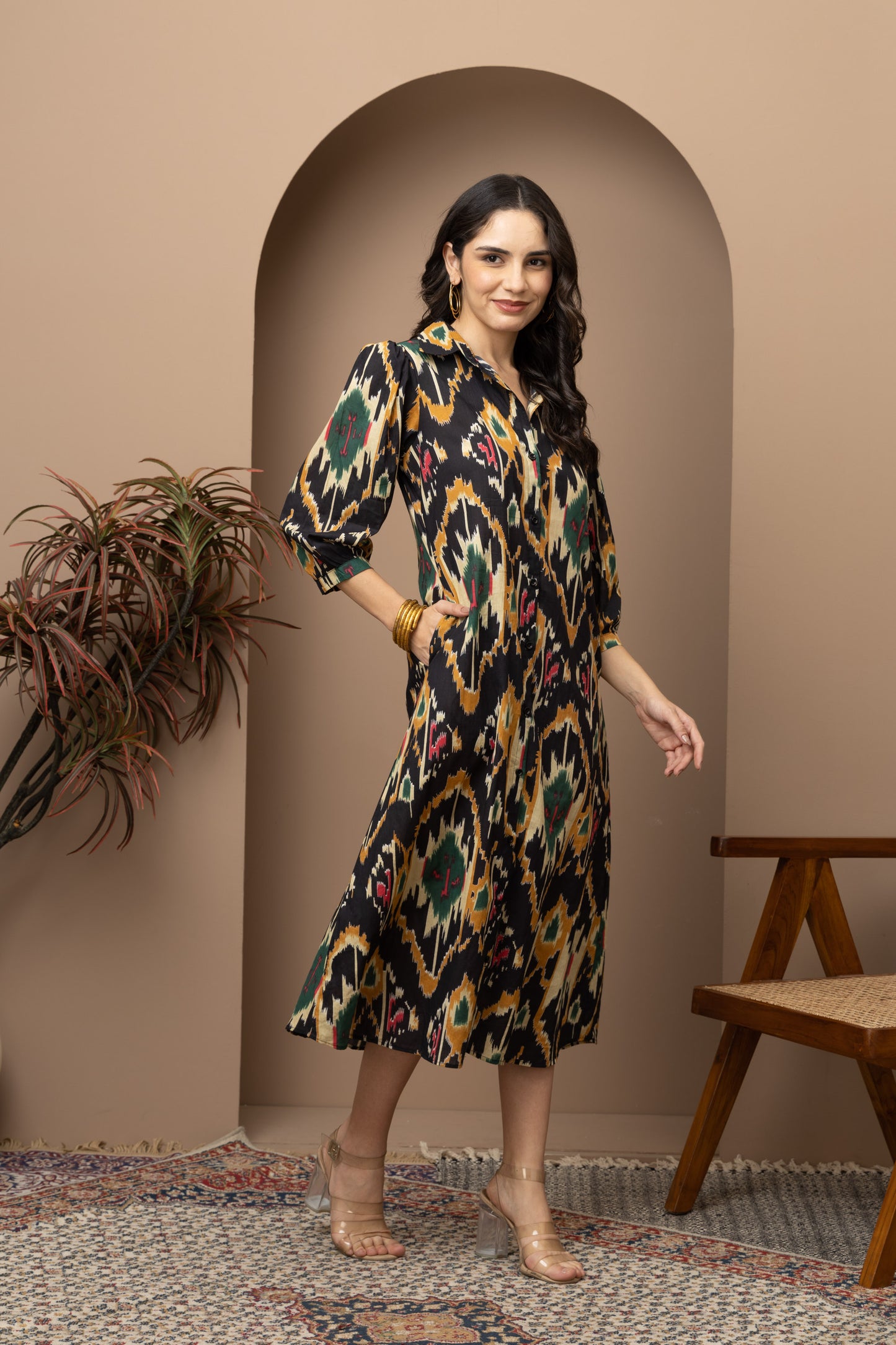 Black Ikkat Printed Shirt Dress