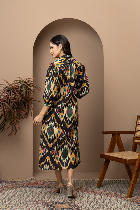 Black Ikkat Printed Shirt Dress