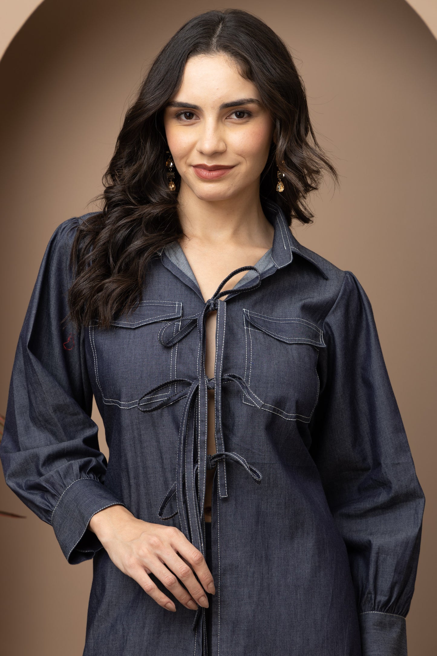 Navy Blue Denim Tie-Up Coord Set (Set of 2)