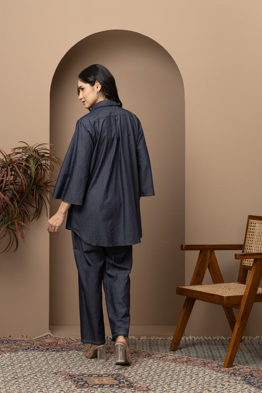 Blue Denim Pearl Embroidered Coord Set (Set of 2)