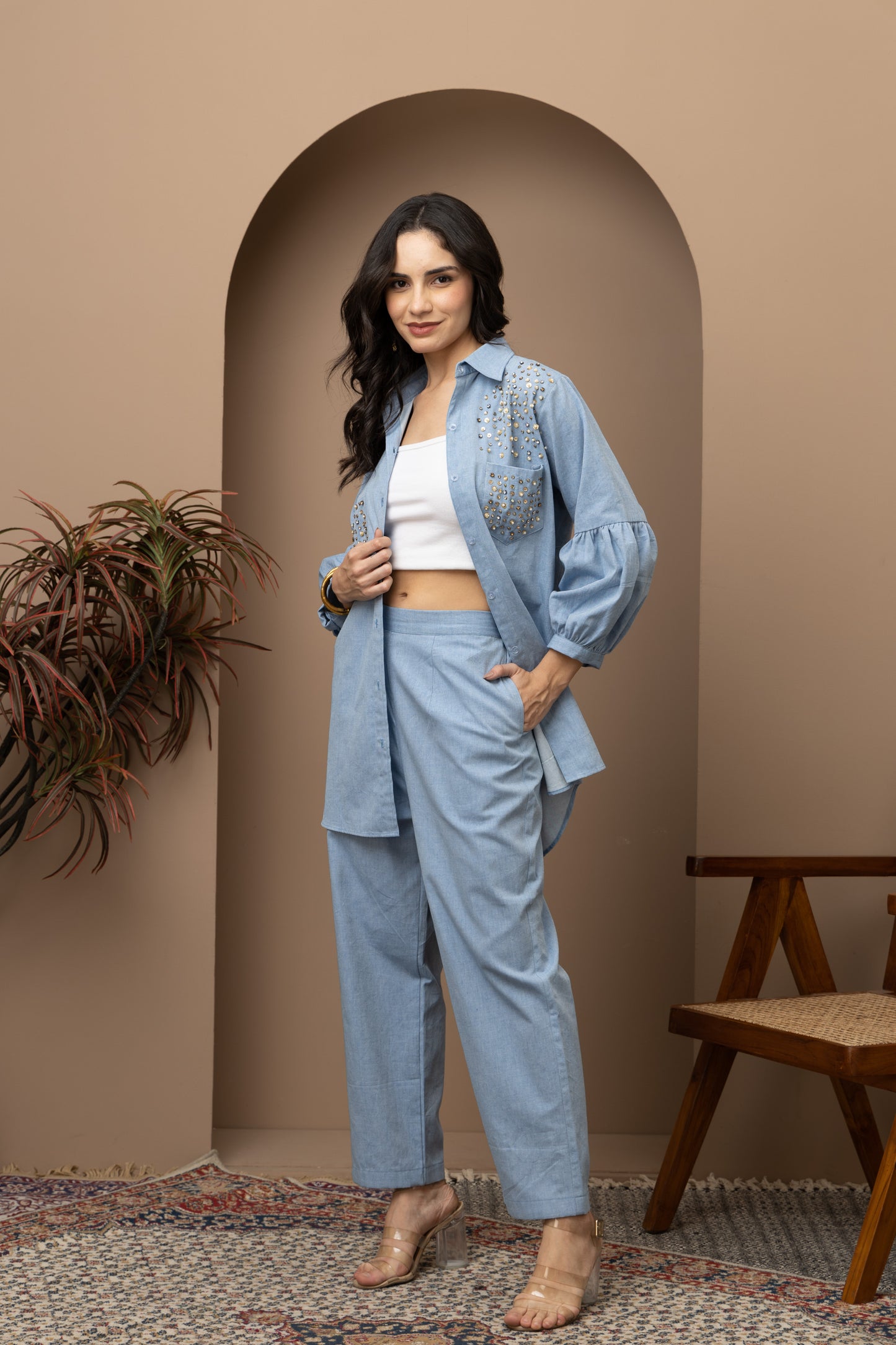 Light Blue Denim Crystal Embroidered Coord Set (Set of 2)