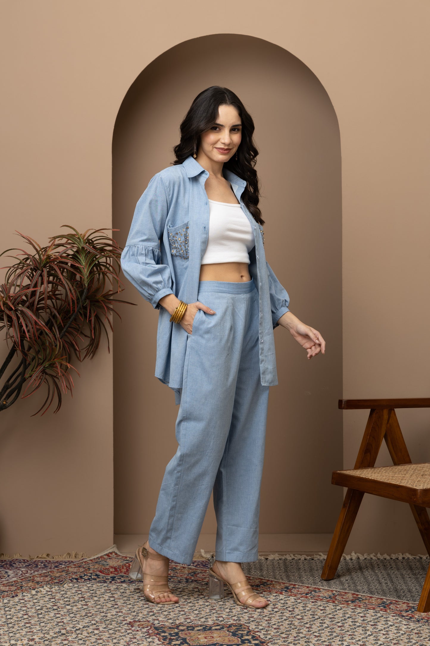 Light Blue Denim Crystal Embroidered Coord Set (Set of 2)