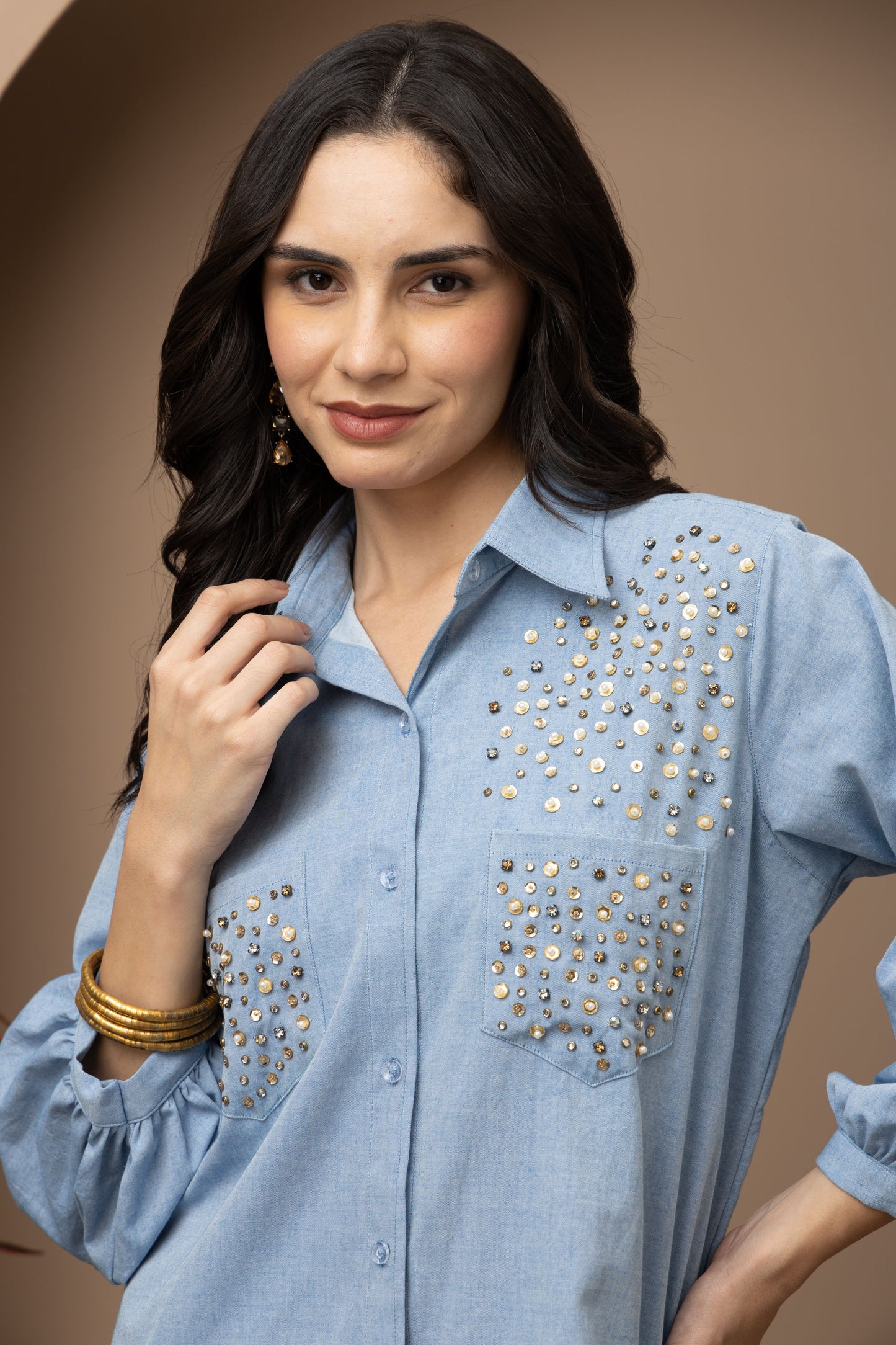 Light Blue Denim Crystal Embroidered Coord Set (Set of 2)