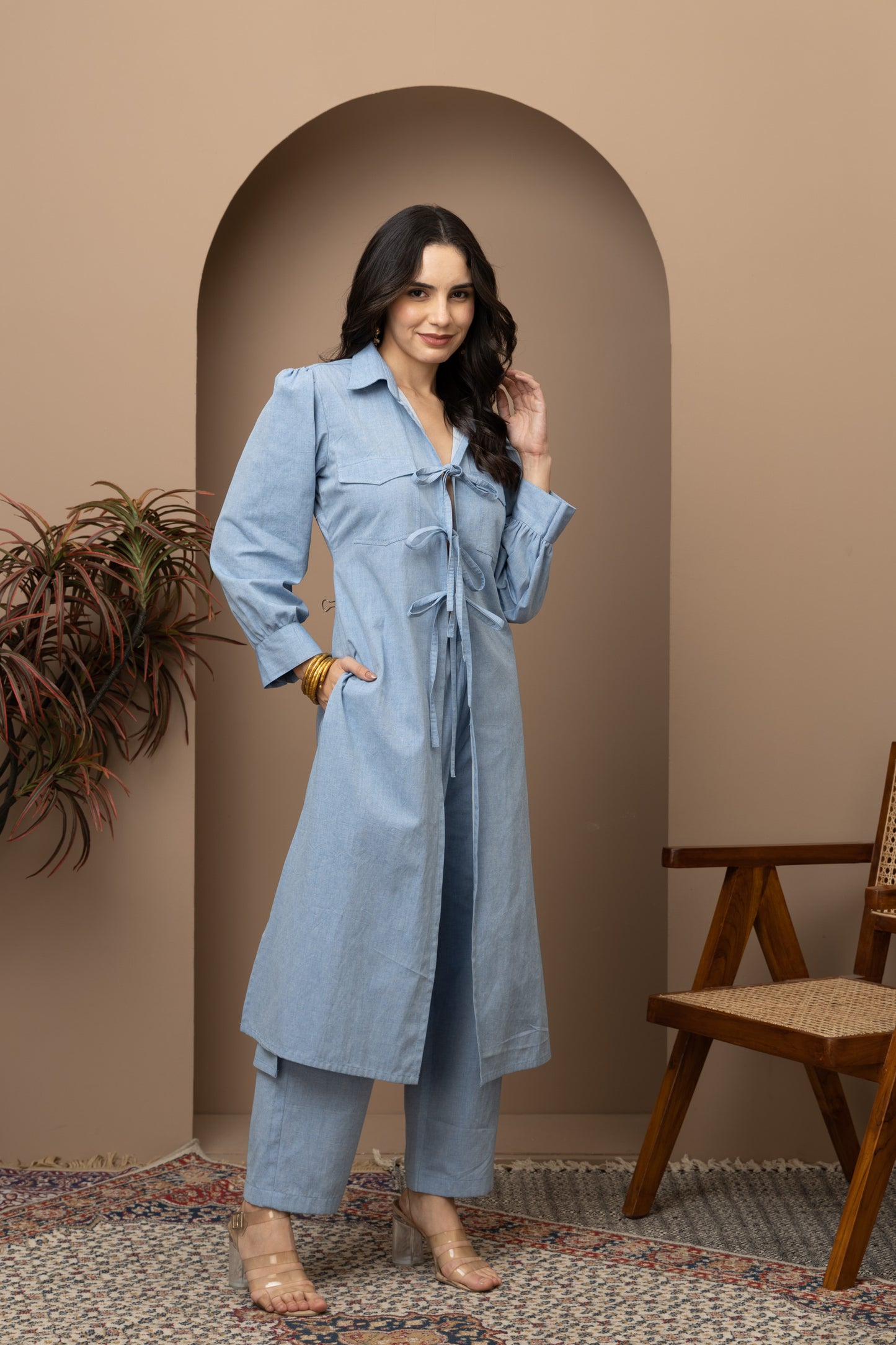 Light Blue Denim Tie-Up Coord Set (Set of 2)