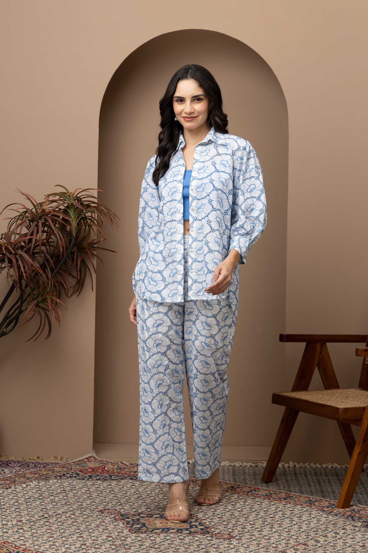 Leena Blue Schiffli Embroidered Coord Set (Set of 2)