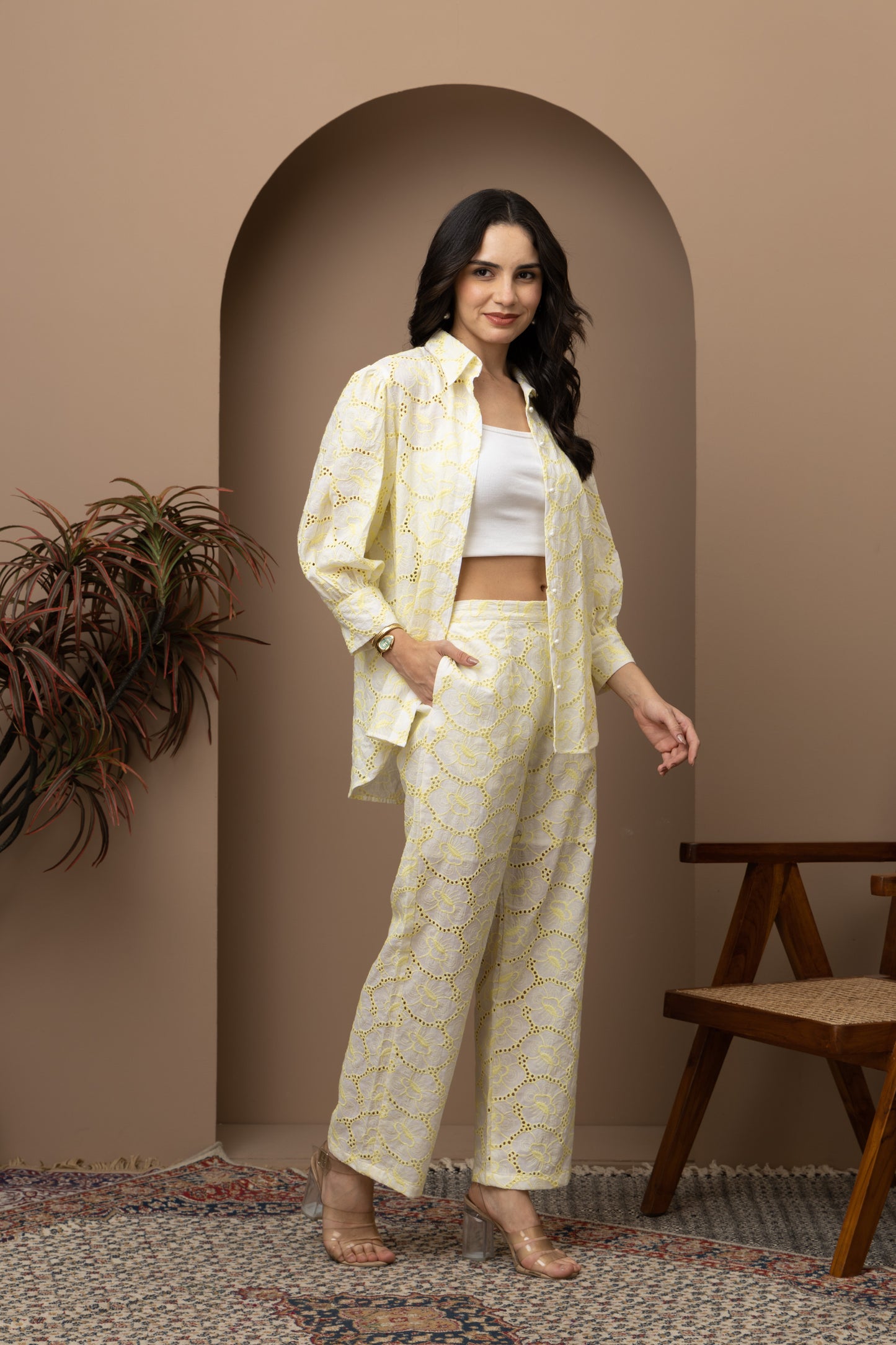 Leena Yellow Schiffli Embroidered Coord Set (Set of 2)
