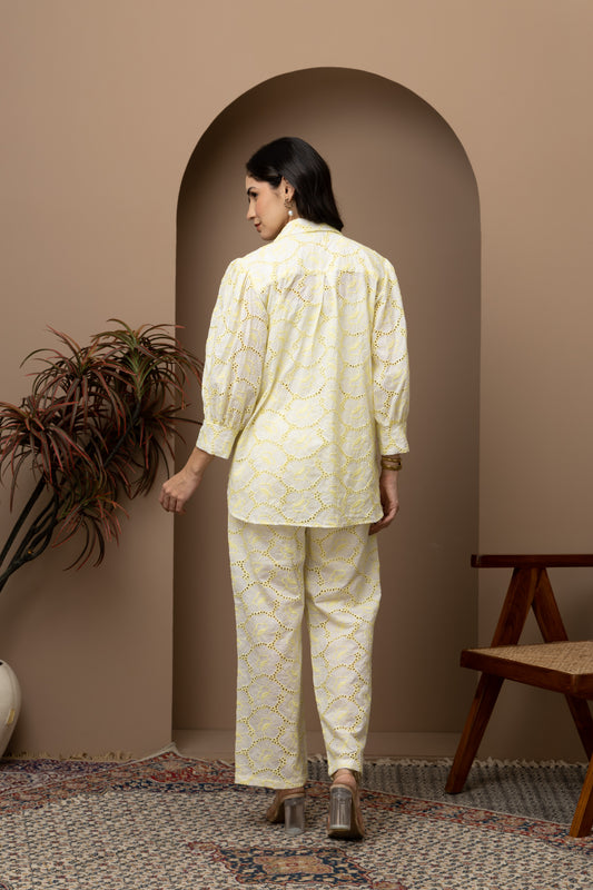 Leena Yellow Schiffli Embroidered Coord Set (Set of 2)