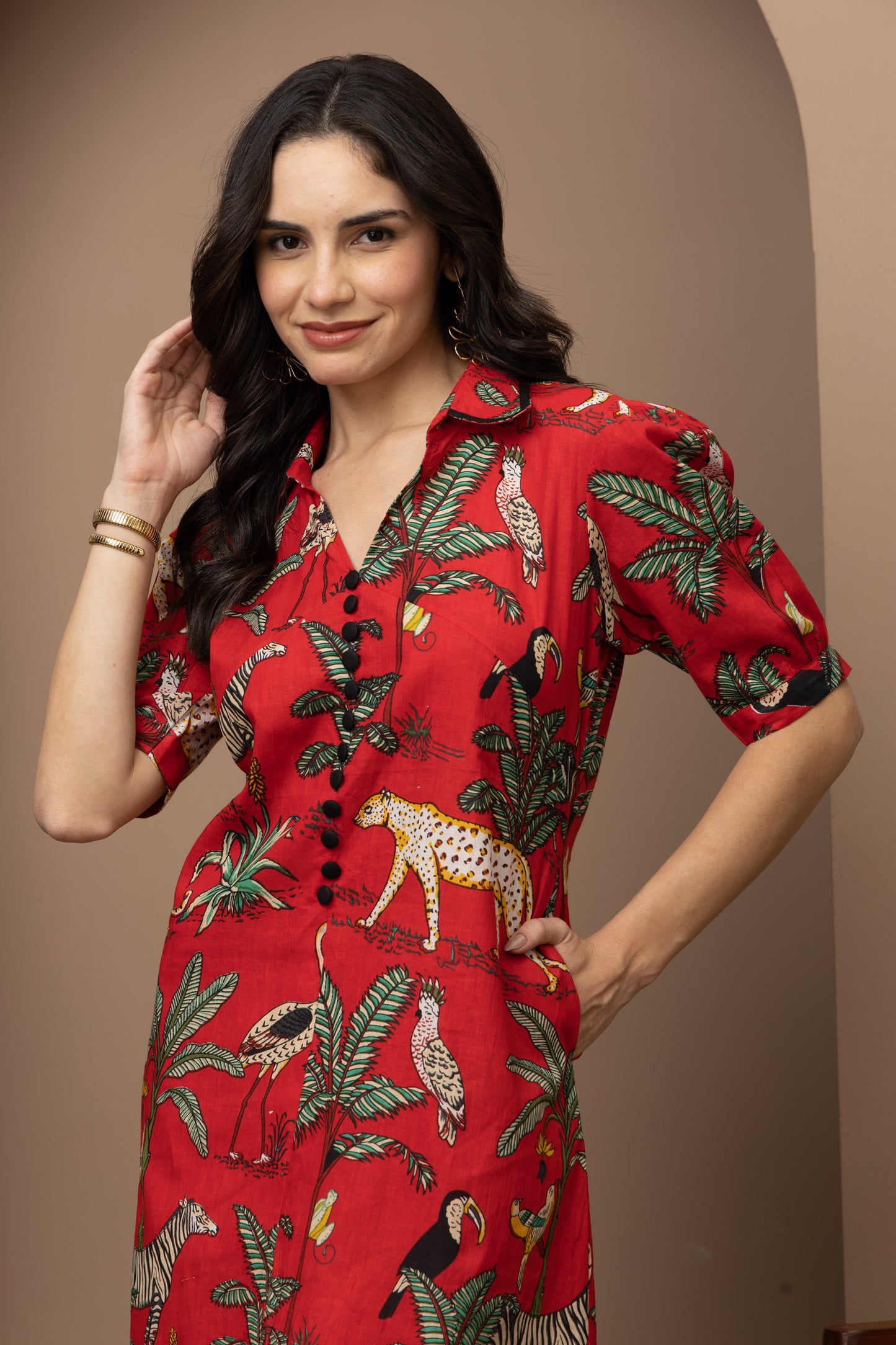 Jungle Red Printed Cotton Midi Dress