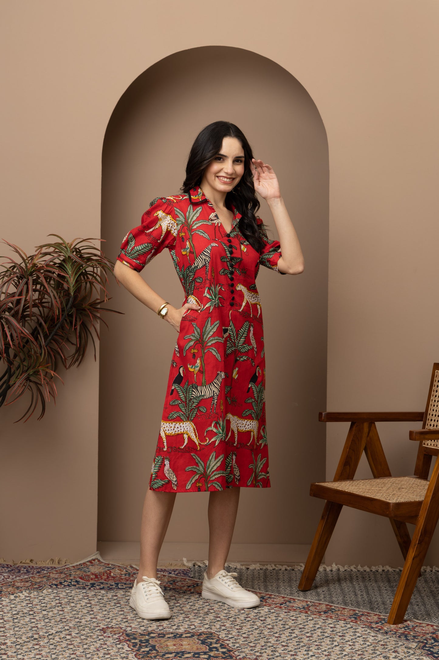 Jungle Red Printed Cotton Midi Dress