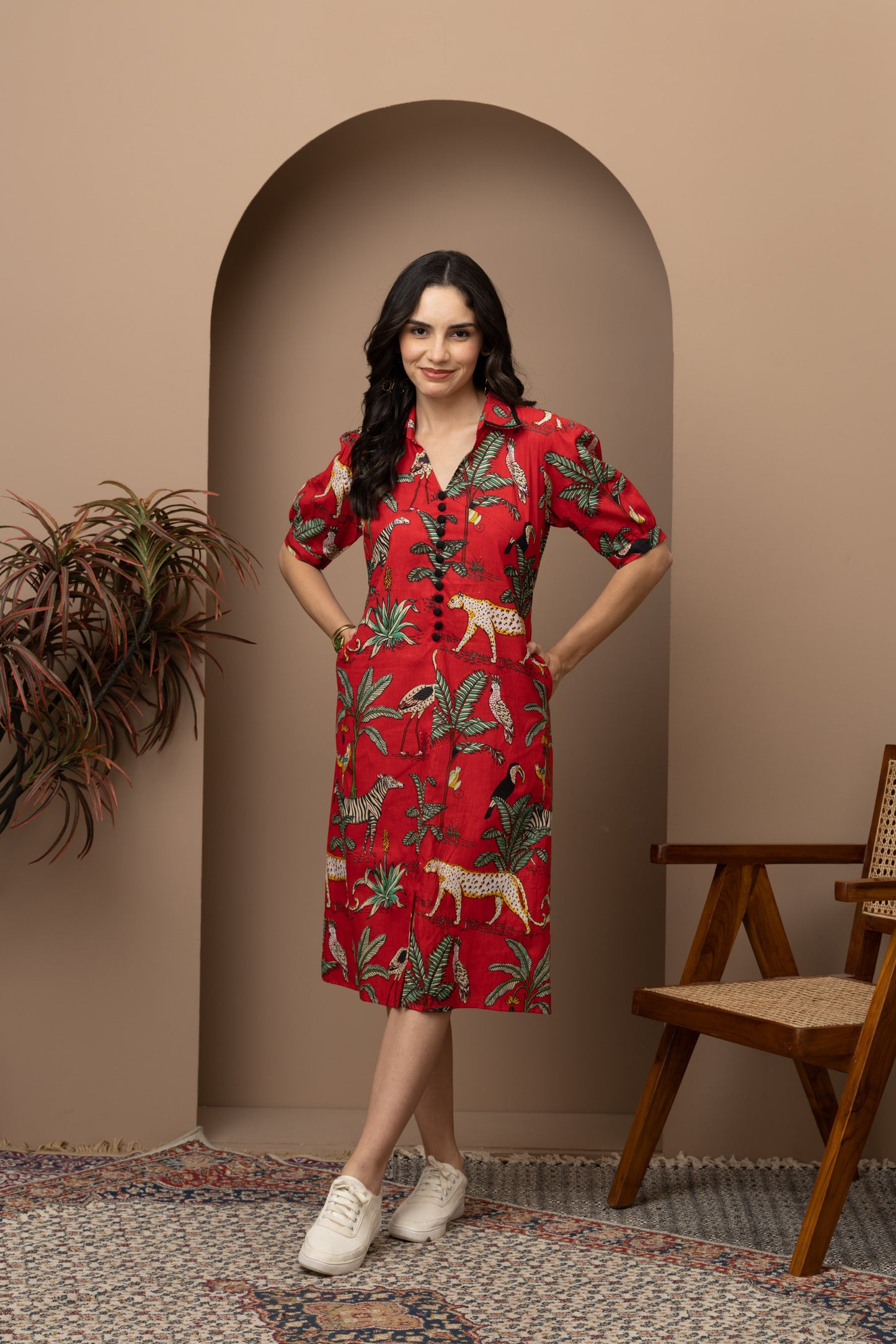 Jungle Red Printed Cotton Midi Dress