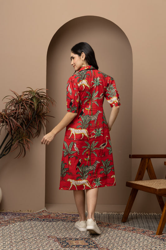 Jungle Red Printed Cotton Midi Dress