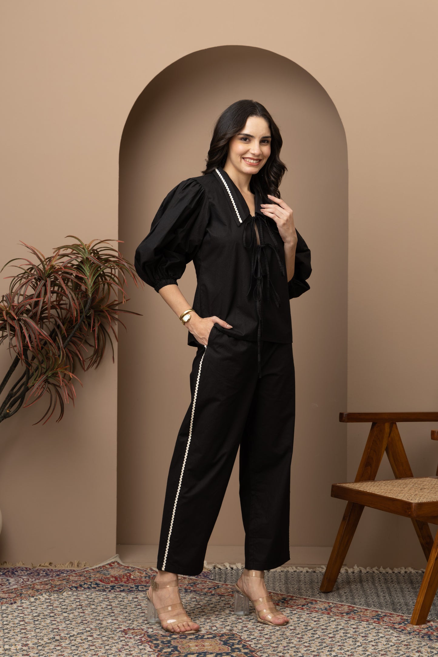 Zeeba Black Cotton Tie-Up Coord Set (Set of 2)